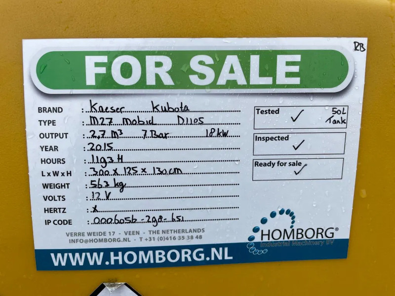 Compresseur d'air Kaeser M27 Kubota 2,7 m3 / min 7 Bar 18 kW Mobiele Silent Diesel Compressor: photos 16 Compresseur d'air Kaeser M27 Kubota 2,7 m3 / min 7 Bar 18 kW Mobiele Silent Diesel Compressor: photos 16